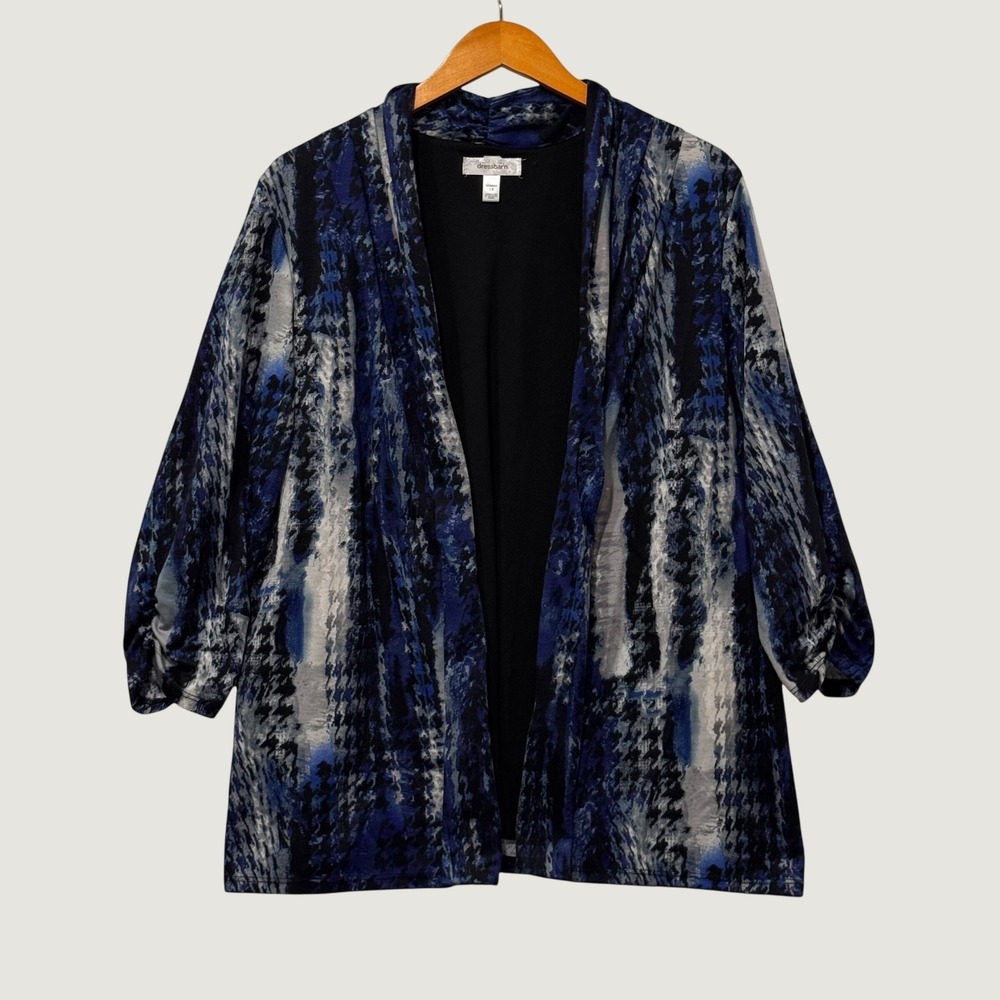 Dressbarn Cardigan Women 1X Blue Abstract Print Open Front 3/4 Sleeve Top Jacket